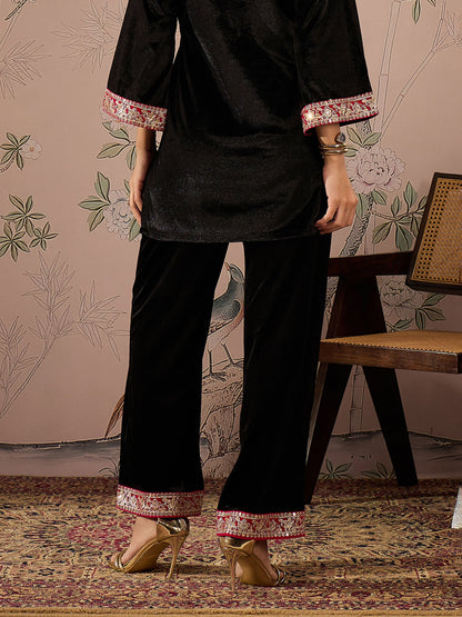 Black Velvet Hem Embroidered Elasticated Straight Pants-Shae by SASSAFRAS
