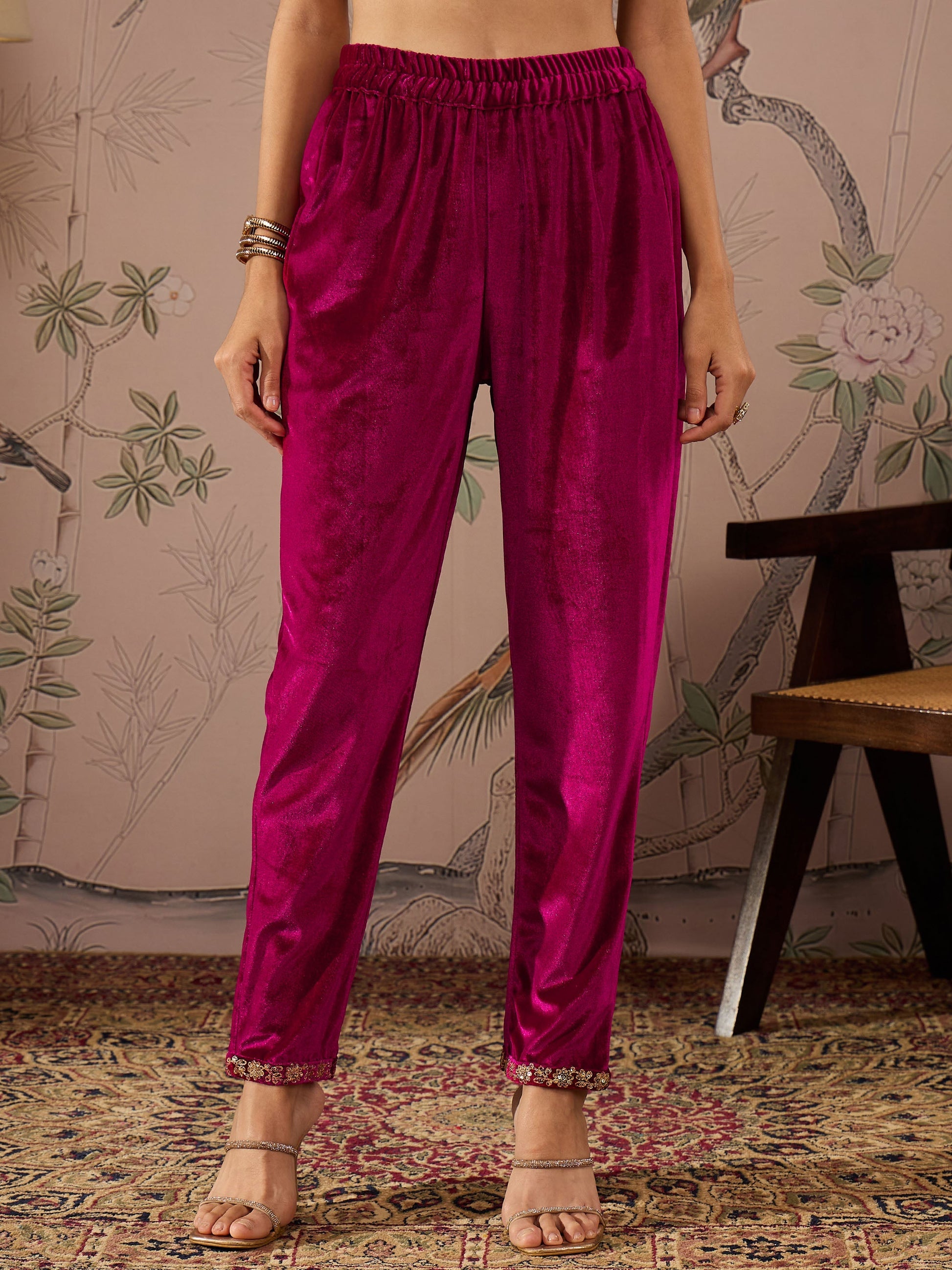 Women's Women Fuchsia Velvet Hem Embroidered Pencil Pants in Velvet by Shae for wholesale, bulk, supplier, manufacturer and wholesaler buyers from Trendphoria
