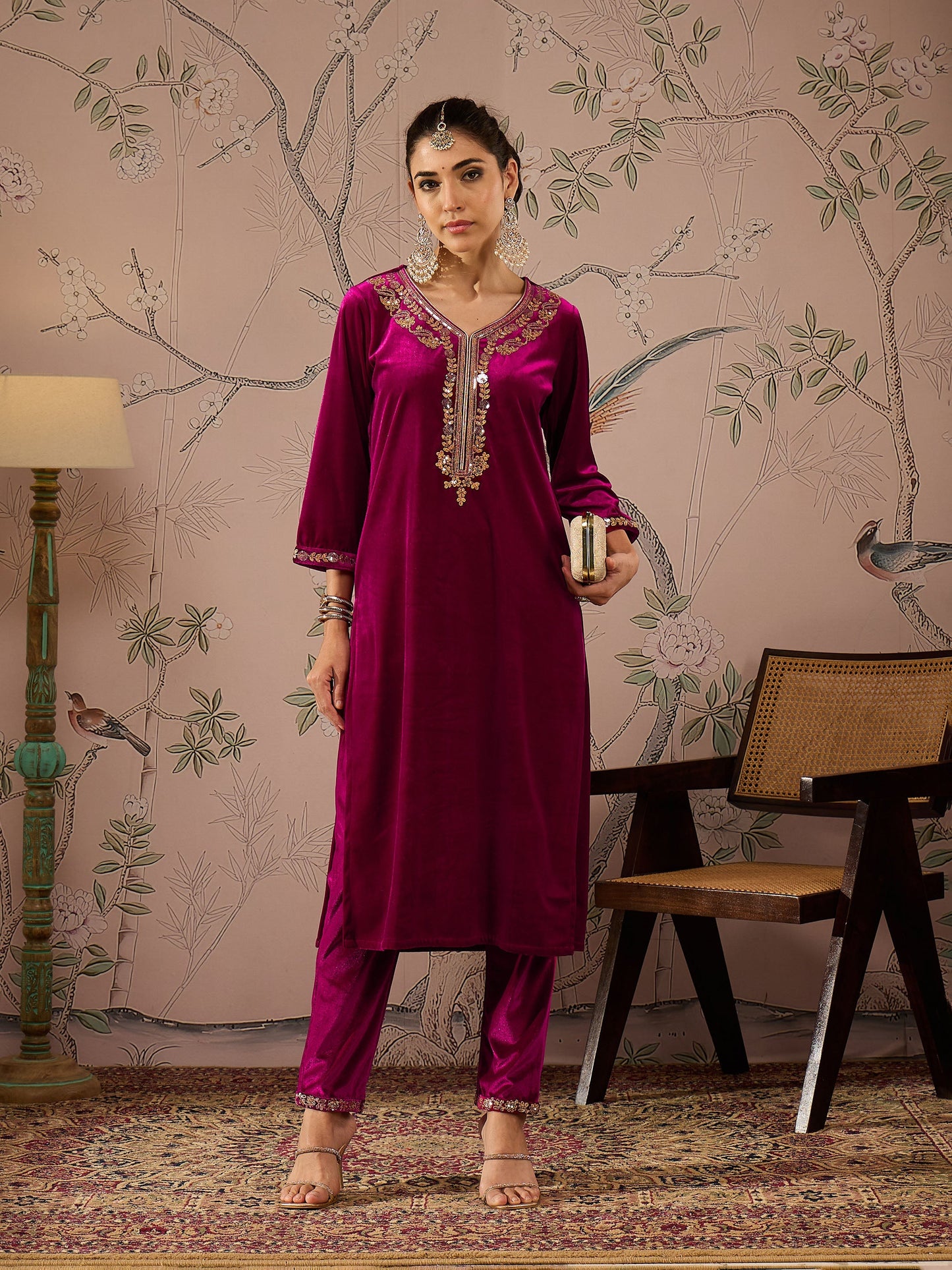 Fuchsia Velvet Hem Embroidered Pencil Pants -Shae by SASSAFRAS