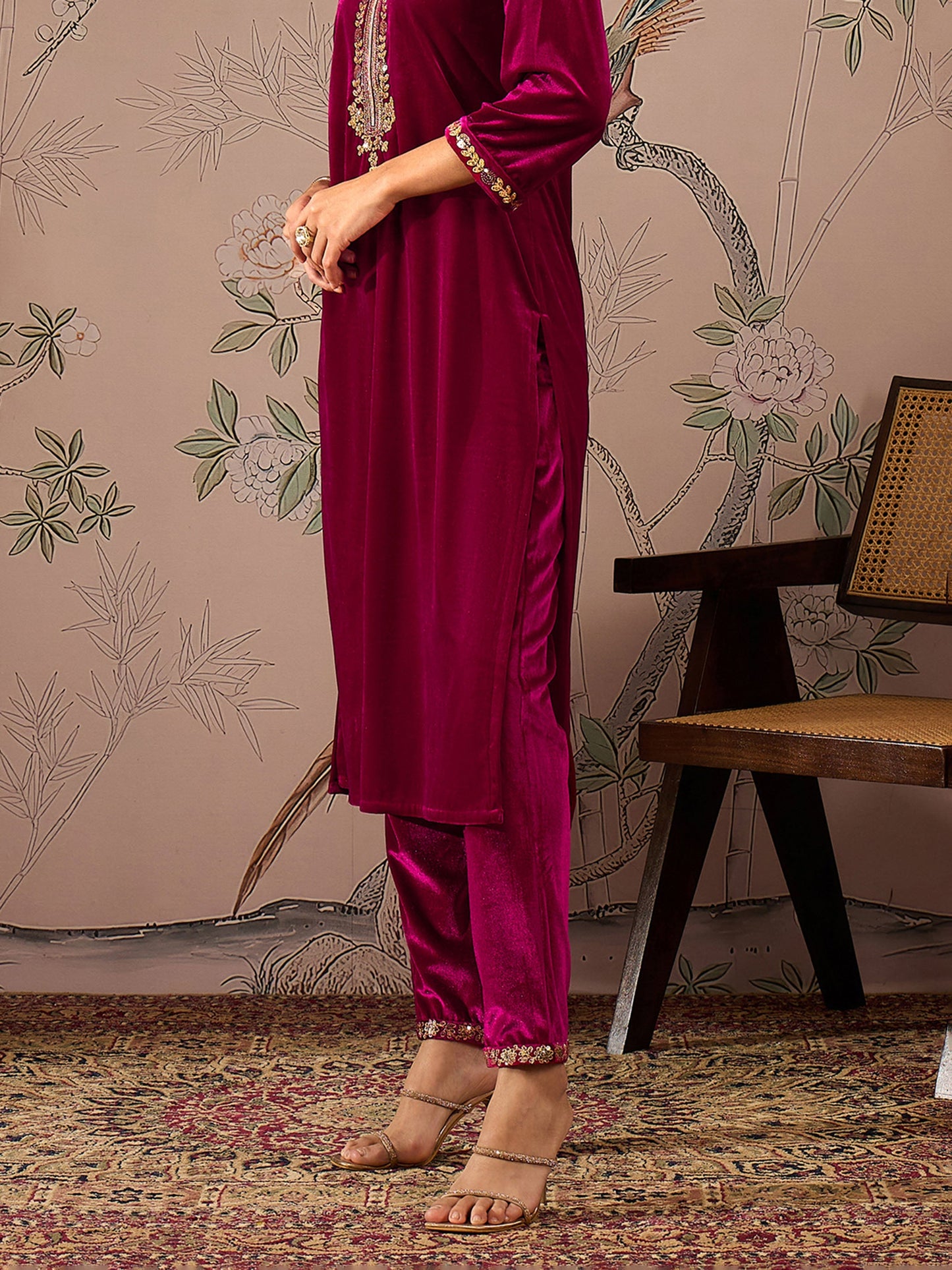 Fuchsia Velvet Hem Embroidered Pencil Pants -Shae by SASSAFRAS