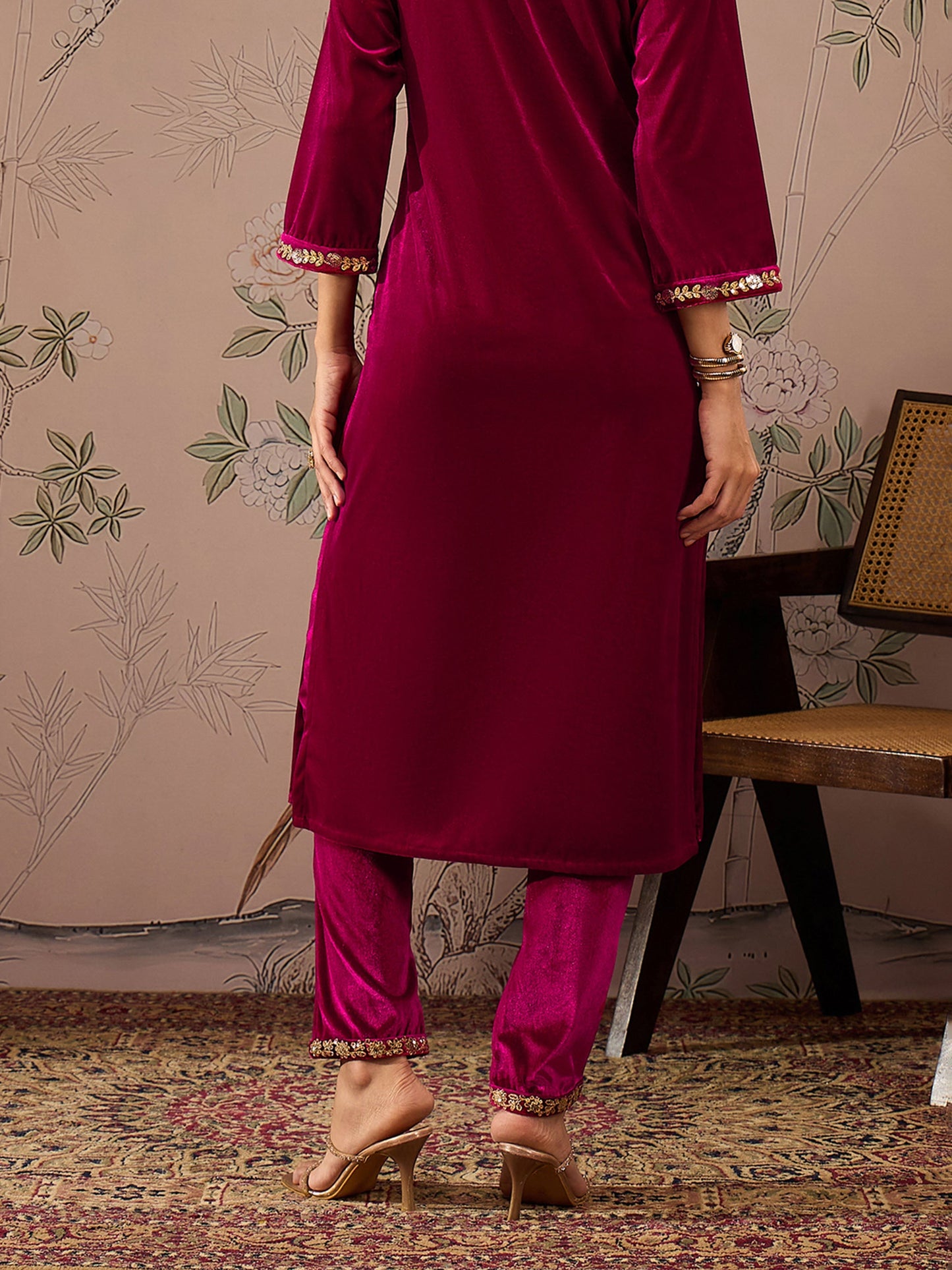 Fuchsia Velvet Hem Embroidered Pencil Pants -Shae by SASSAFRAS