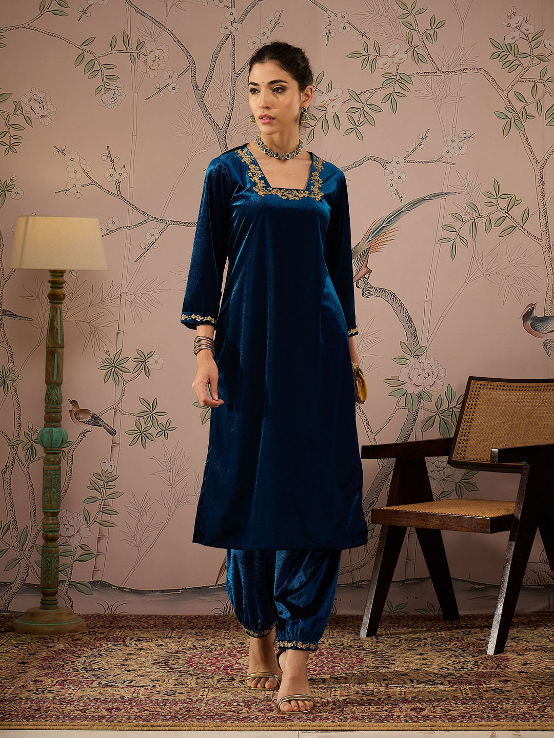 Teal Velvet Hem Embroidered Afghani Pants -Shae by SASSAFRAS
