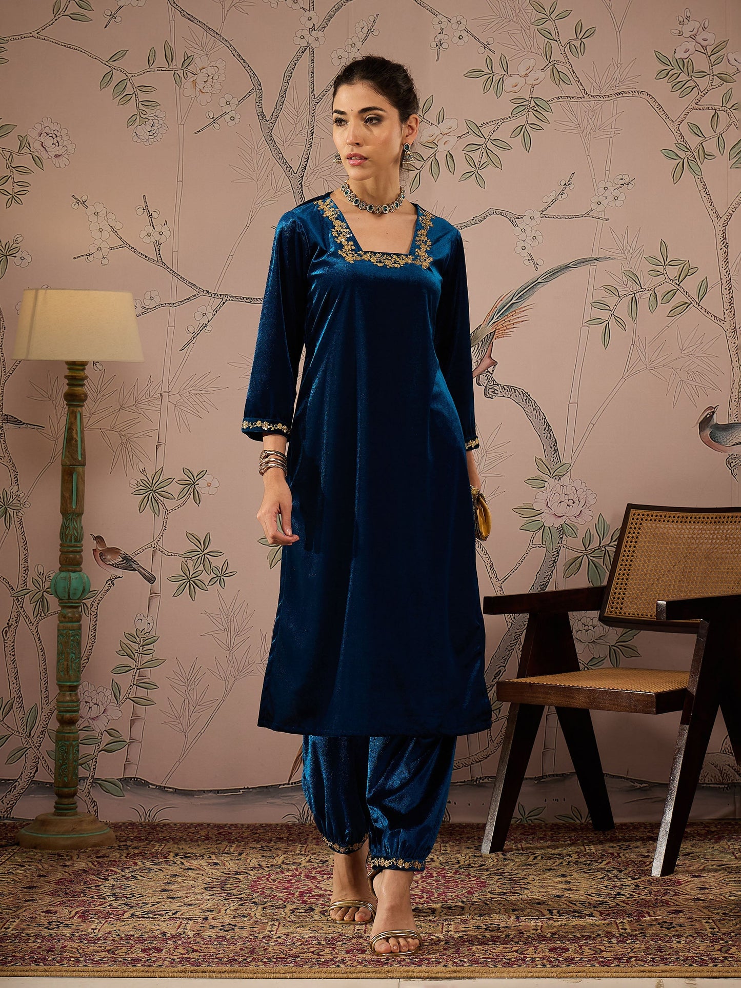 Teal Velvet Hem Embroidered Afghani Pants -Shae by SASSAFRAS