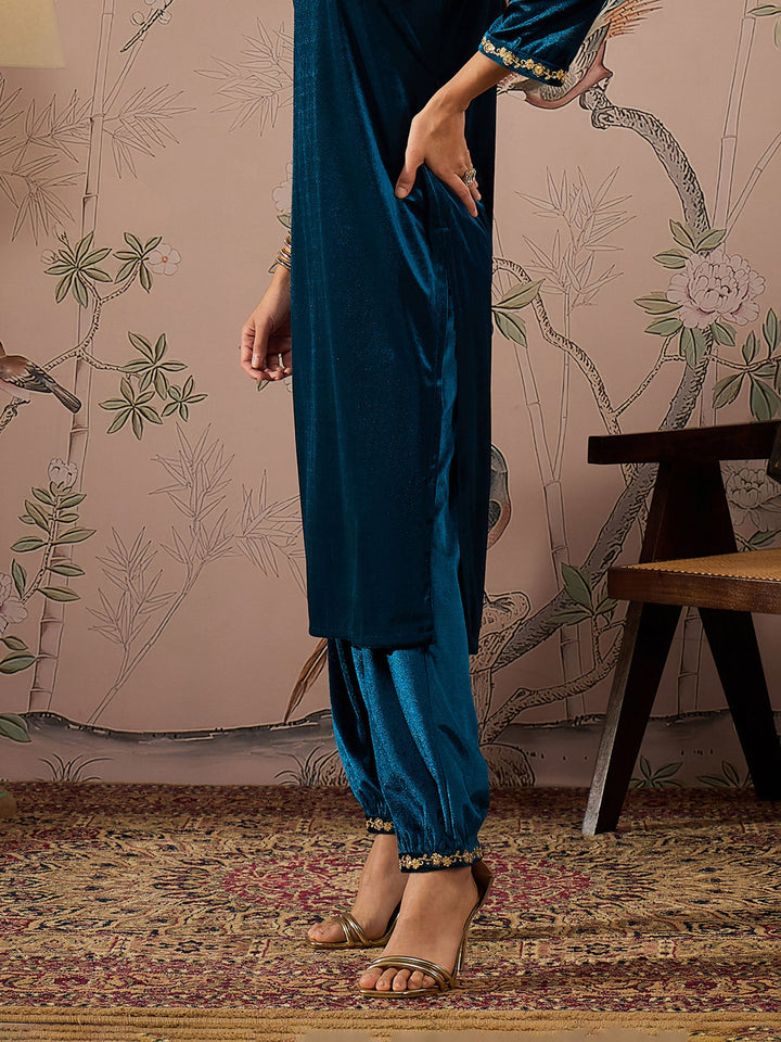 Teal Velvet Hem Embroidered Afghani Pants -Shae by SASSAFRAS
