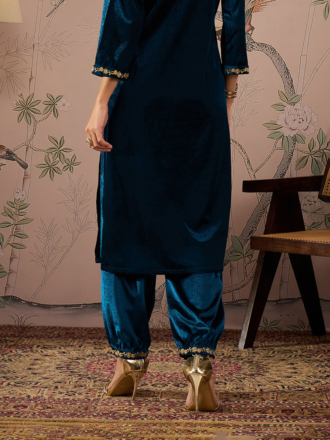 Teal Velvet Hem Embroidered Afghani Pants -Shae by SASSAFRAS