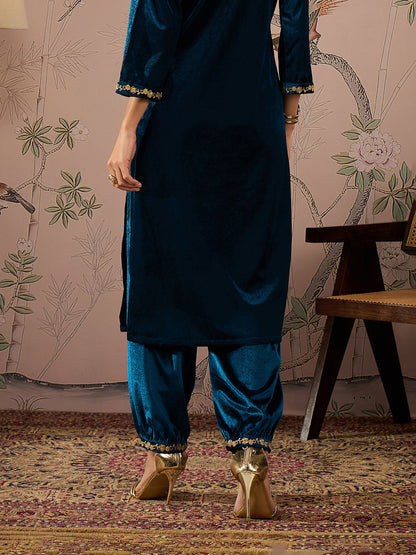 Teal Velvet Hem Embroidered Afghani Pants -Shae by SASSAFRAS