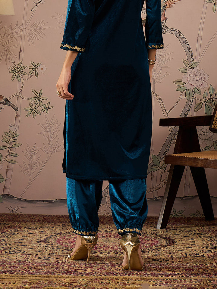 Teal Velvet Hem Embroidered Afghani Pants -Shae by SASSAFRAS
