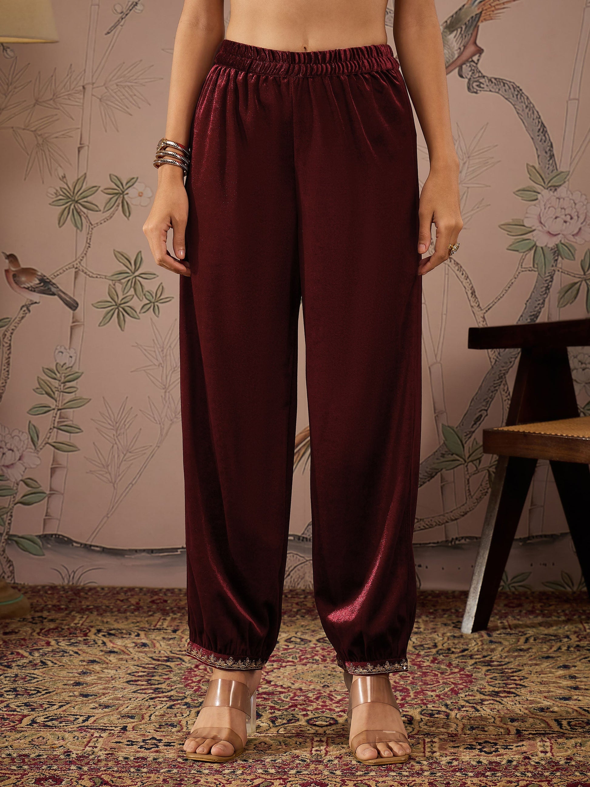 Women's Women Maroon Velvet Hem Embroidered Afghani Pants in Velvet by Shae for wholesale, bulk, supplier, manufacturer and wholesaler buyers from Trendphoria
