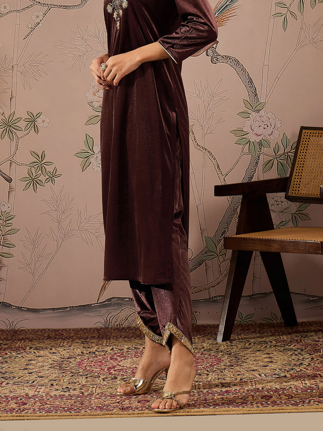 Brown Velvet Hem Lace Detail Tulip Pants -Shae by SASSAFRAS
