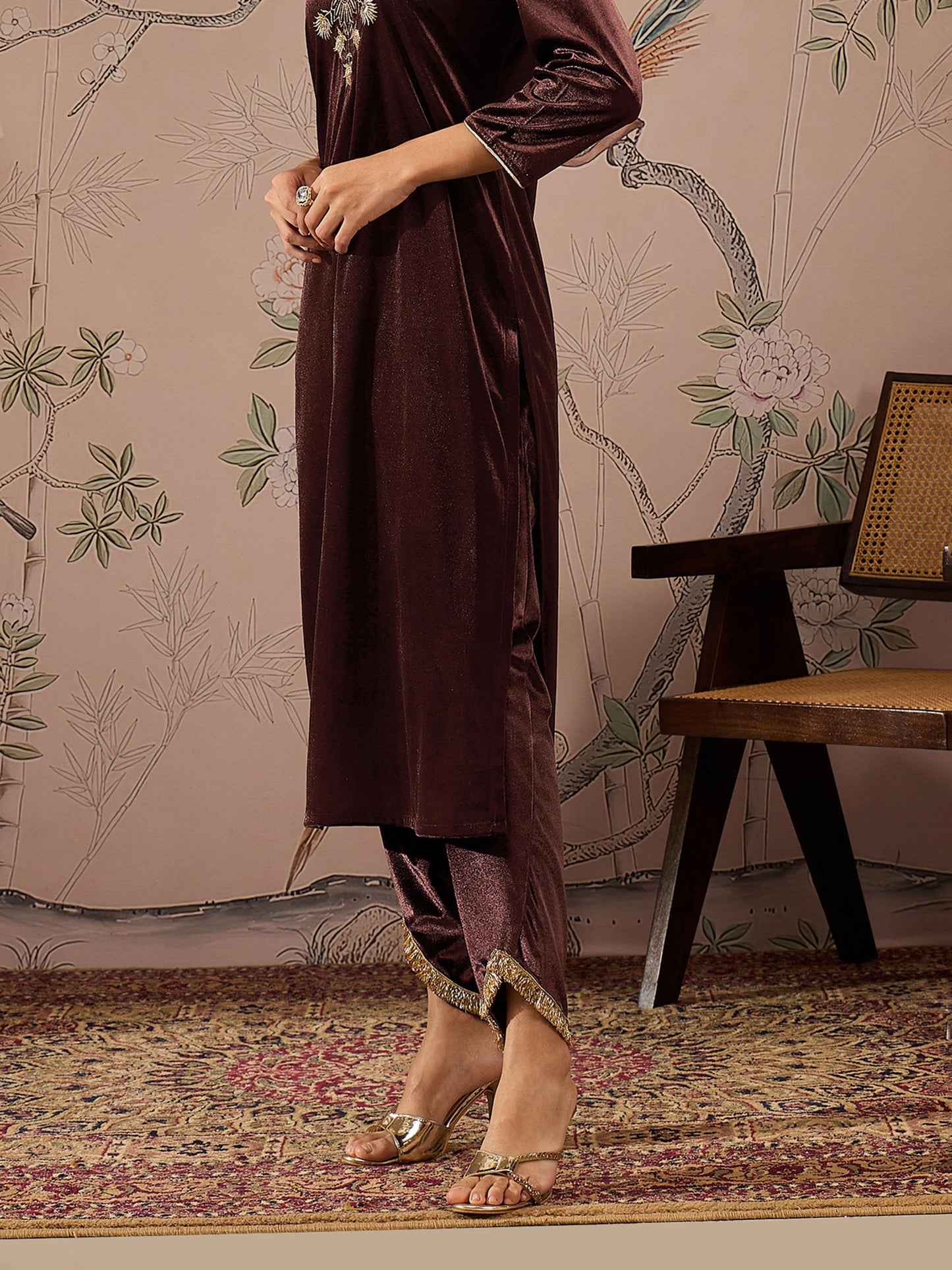 Brown Velvet Hem Lace Detail Tulip Pants -Shae by SASSAFRAS