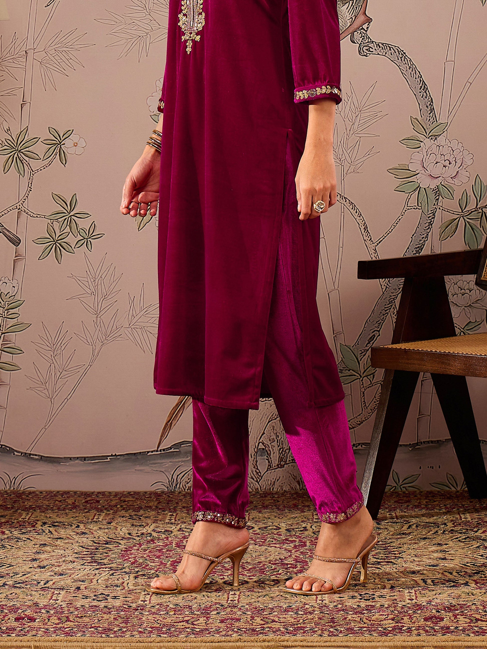 Fuchsia Velvet Elasticated Straight Pants -Shae by SASSAFRAS