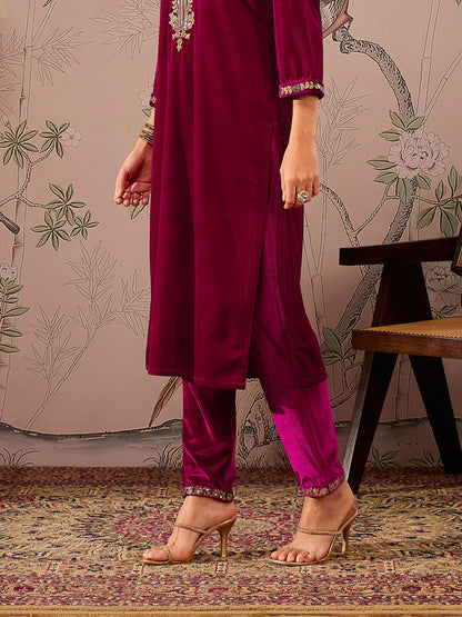 Fuchsia Velvet Elasticated Straight Pants -Shae by SASSAFRAS