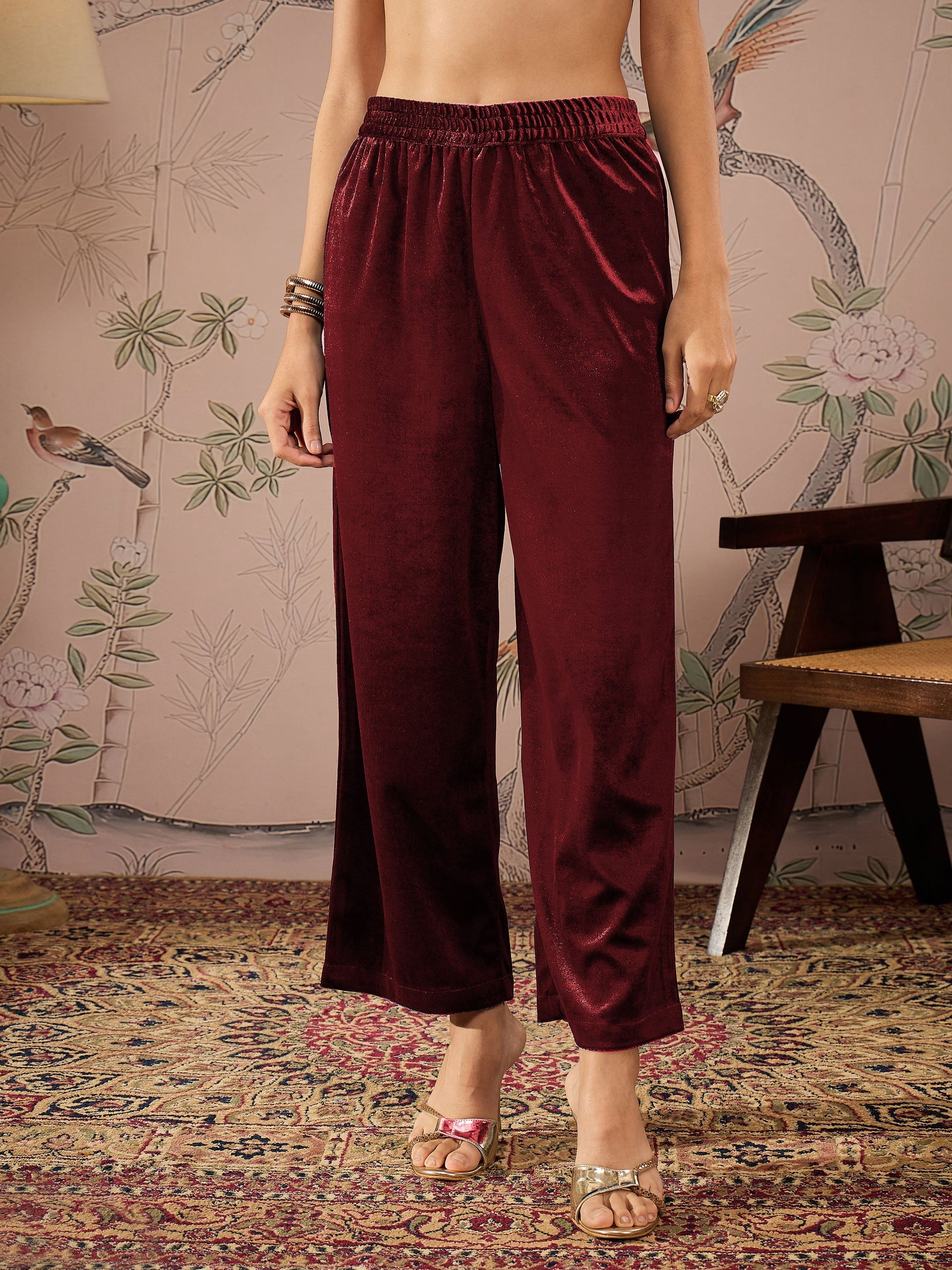 Women's Women Maroon Velvet Elasticated Straight Pants in Velvet by Shae for wholesale, bulk, supplier, manufacturer and wholesaler buyers from Trendphoria