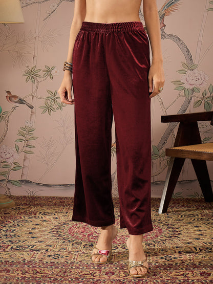 Women's Women Maroon Velvet Elasticated Straight Pants in Velvet by Shae for wholesale, bulk, supplier, manufacturer and wholesaler buyers from Trendphoria