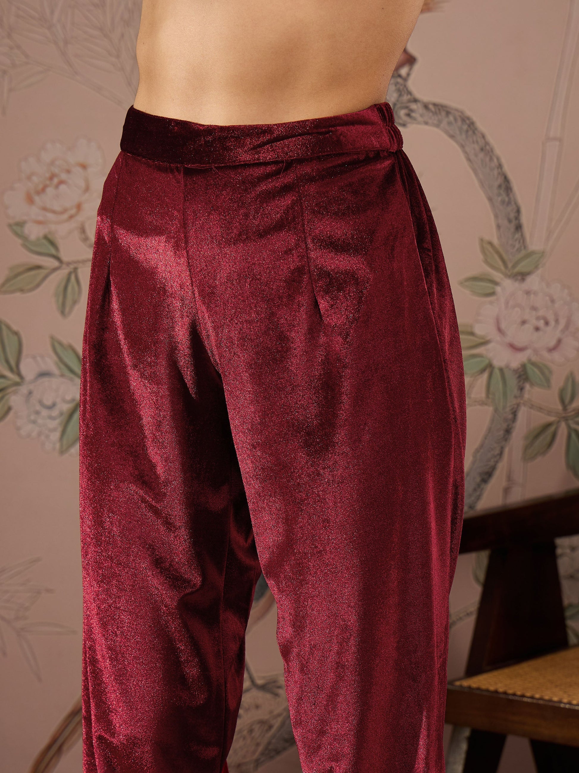 Maroon Velvet Elasticated Straight Pants -Shae by SASSAFRAS