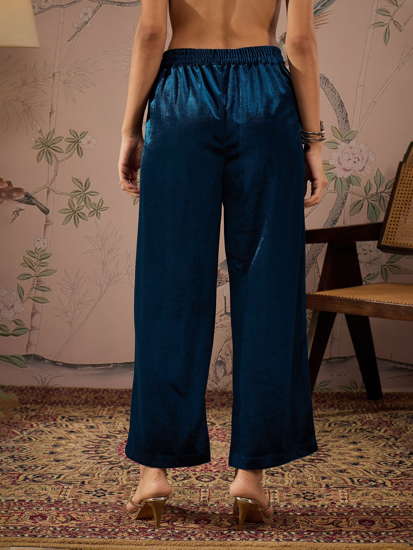Teal Velvet Elasticated Straight Pants -Shae by SASSAFRAS