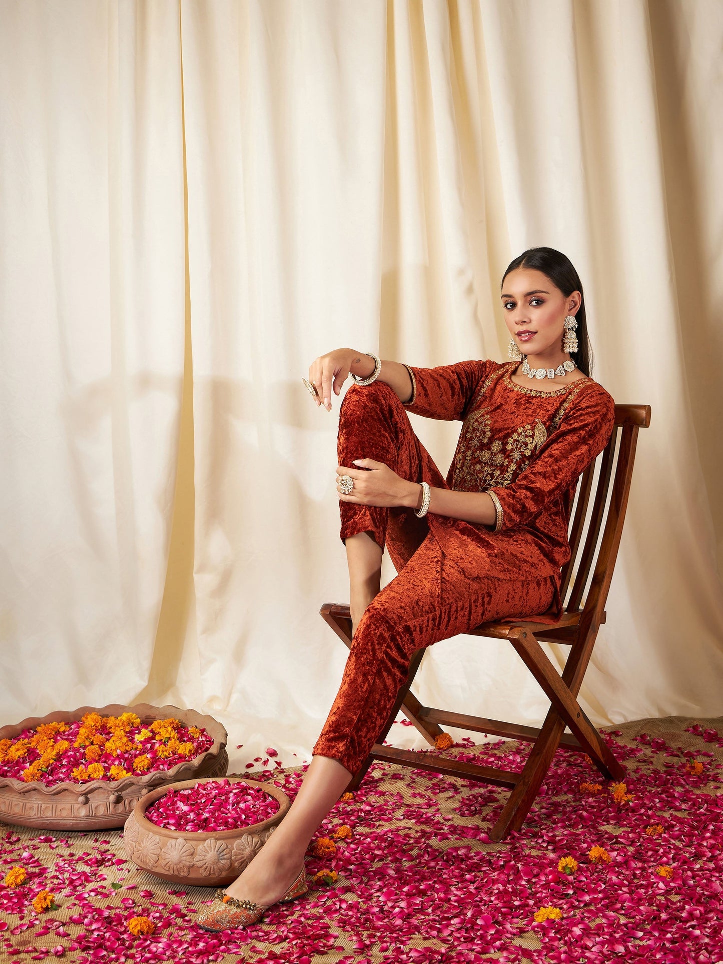 Rust Velvet Pencil Pants