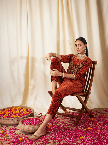 Rust Velvet Pencil Pants