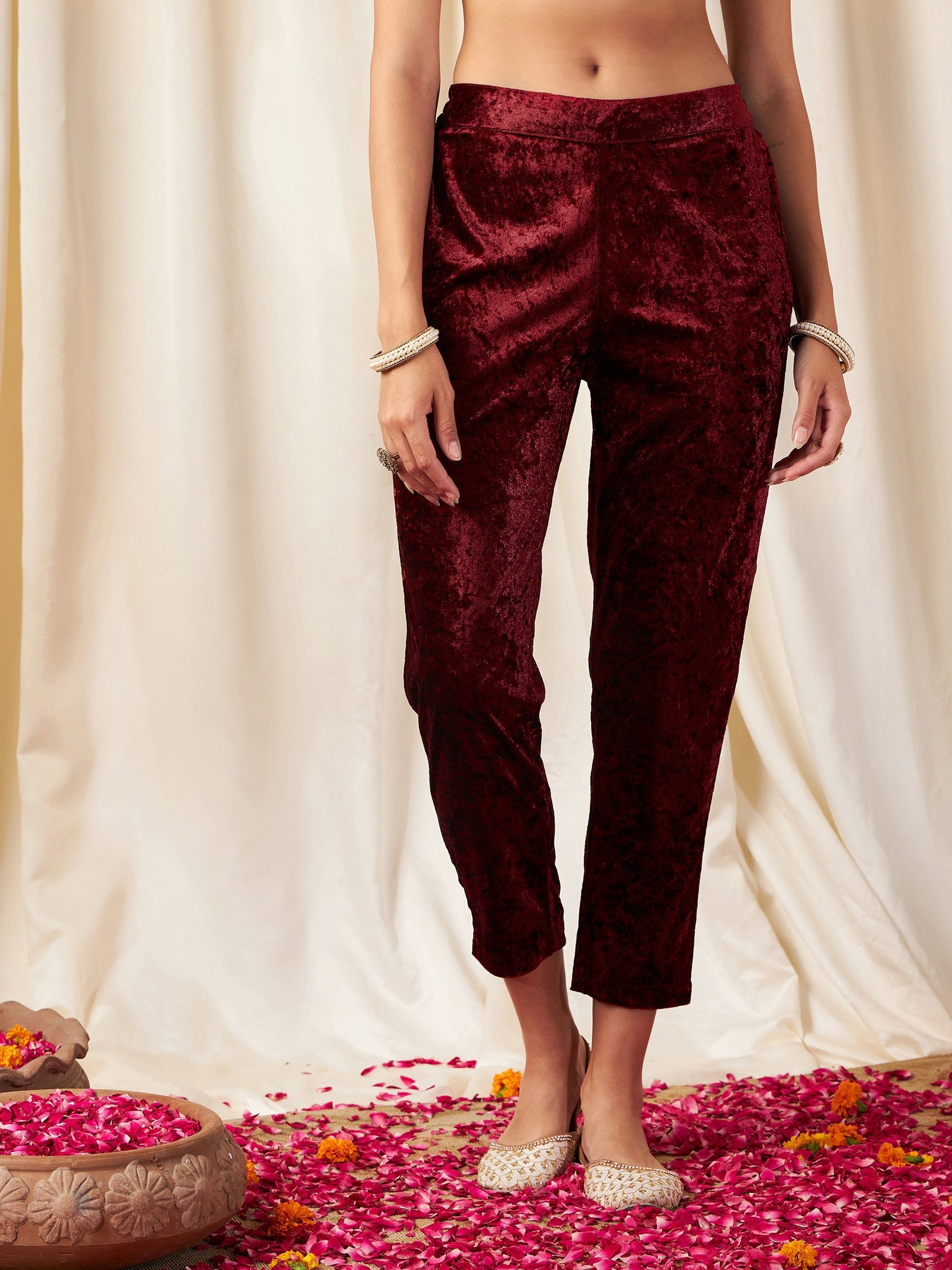 Maroon Velvet Pencil Pants-Shae by SASSAFRAS