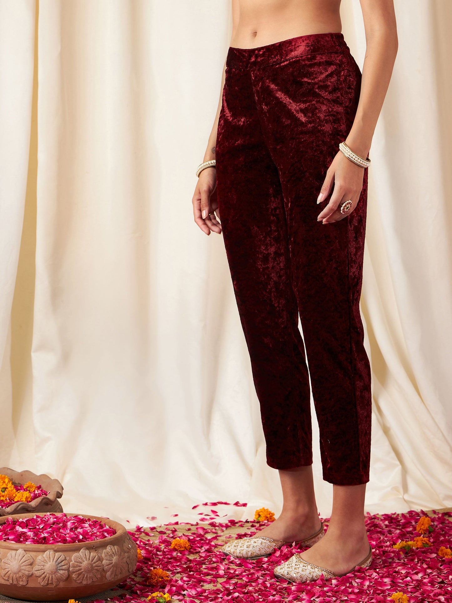 Maroon Velvet Pencil Pants-Shae by SASSAFRAS