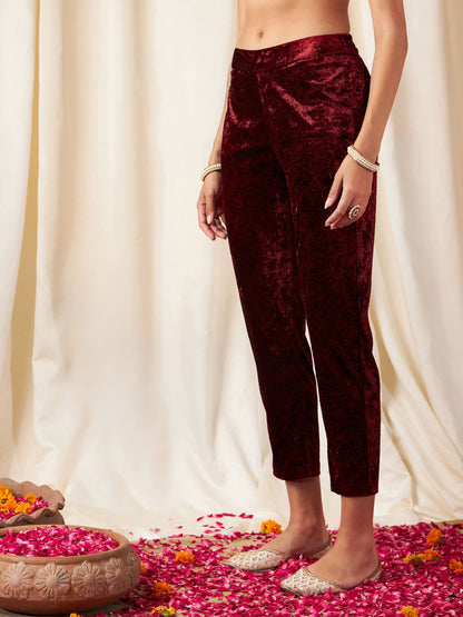 Maroon Velvet Pencil Pants-Shae by SASSAFRAS