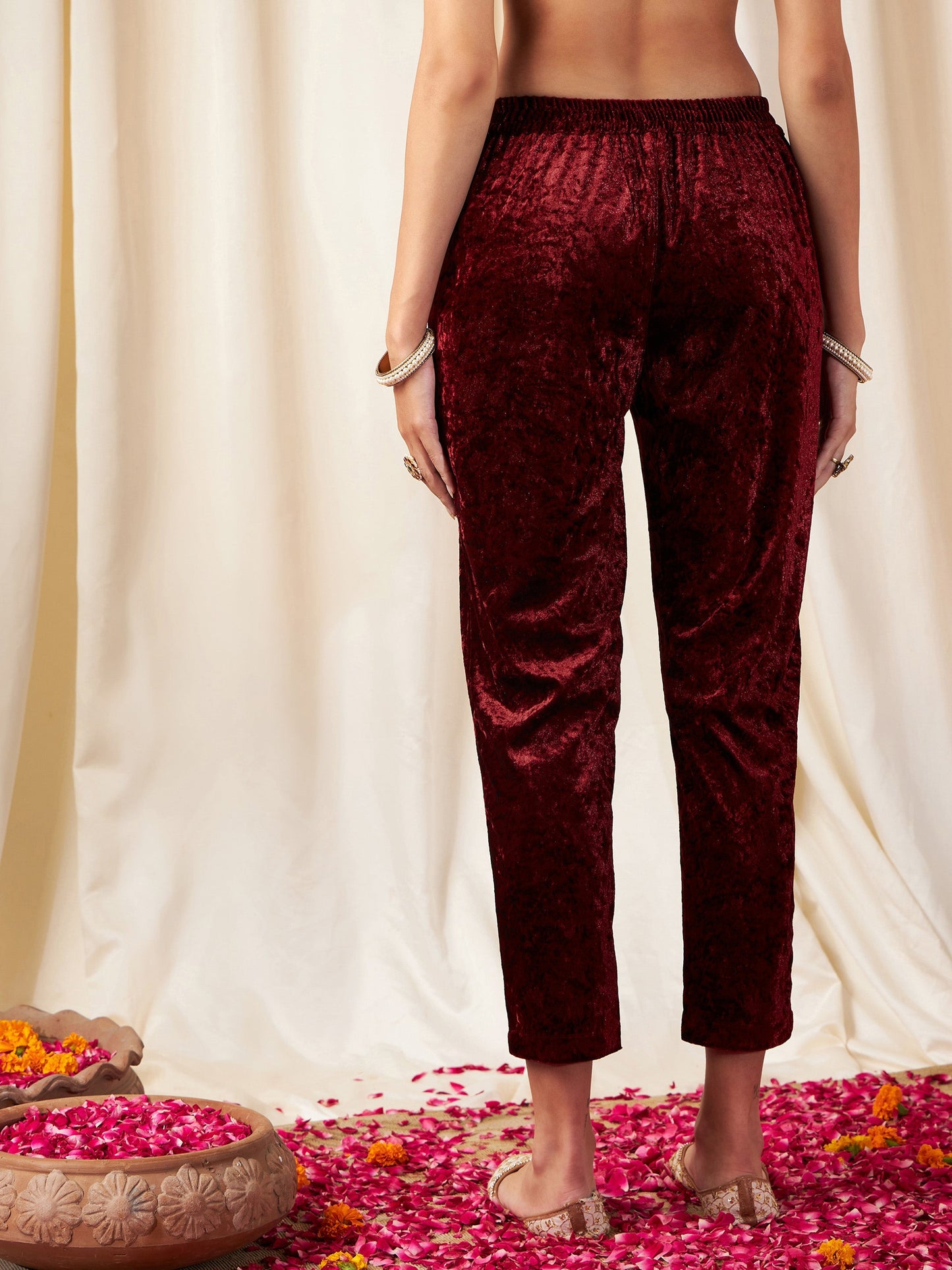 Maroon Velvet Pencil Pants-Shae by SASSAFRAS