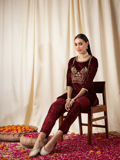 Maroon Velvet Pencil Pants-Shae by SASSAFRAS