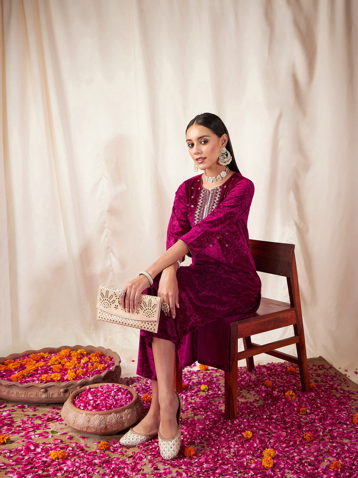 Fuchsia Velvet Straight Pants-Shae by SASSAFRAS
