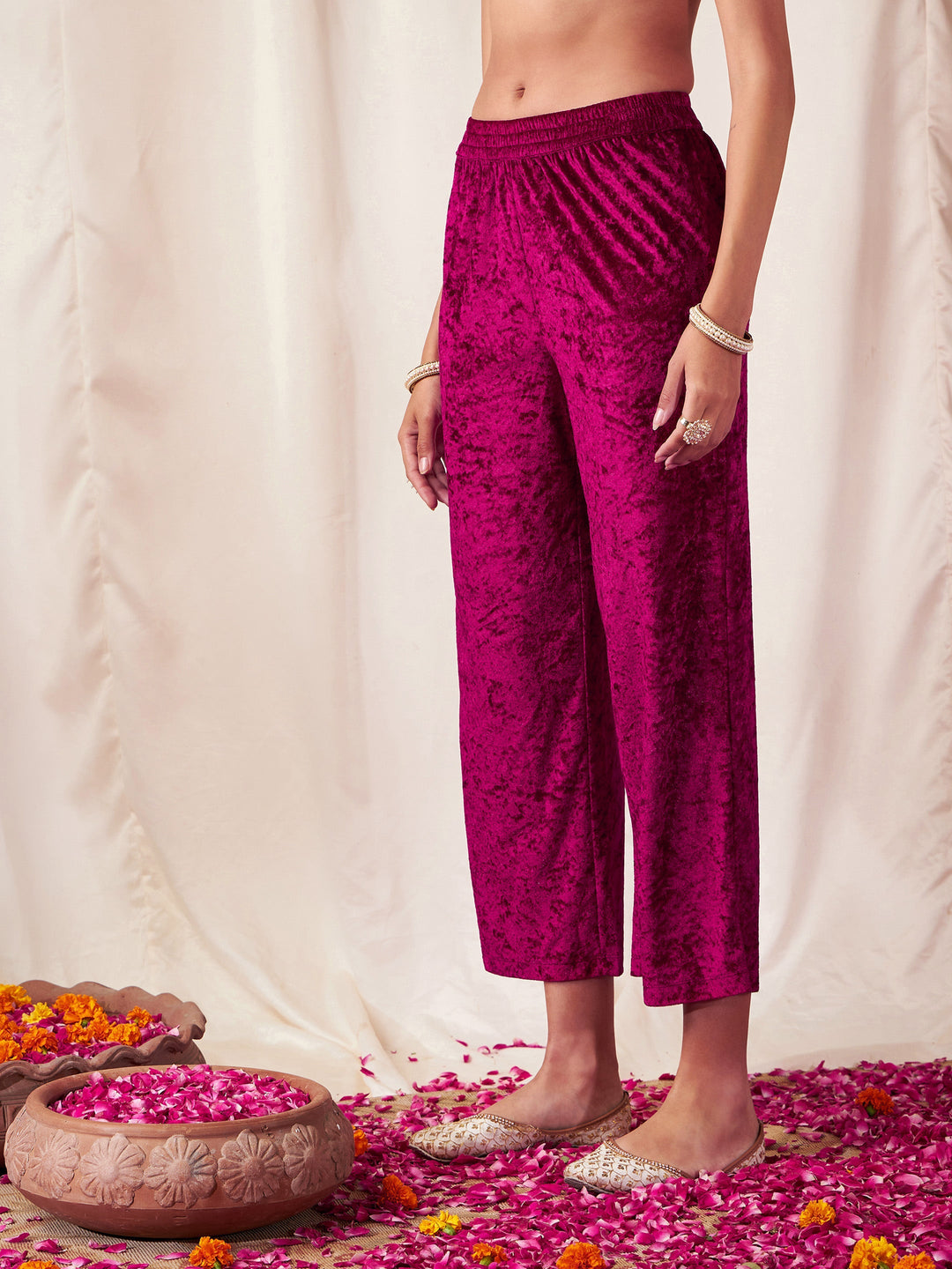 Fuchsia Velvet Straight Pants-Shae by SASSAFRAS