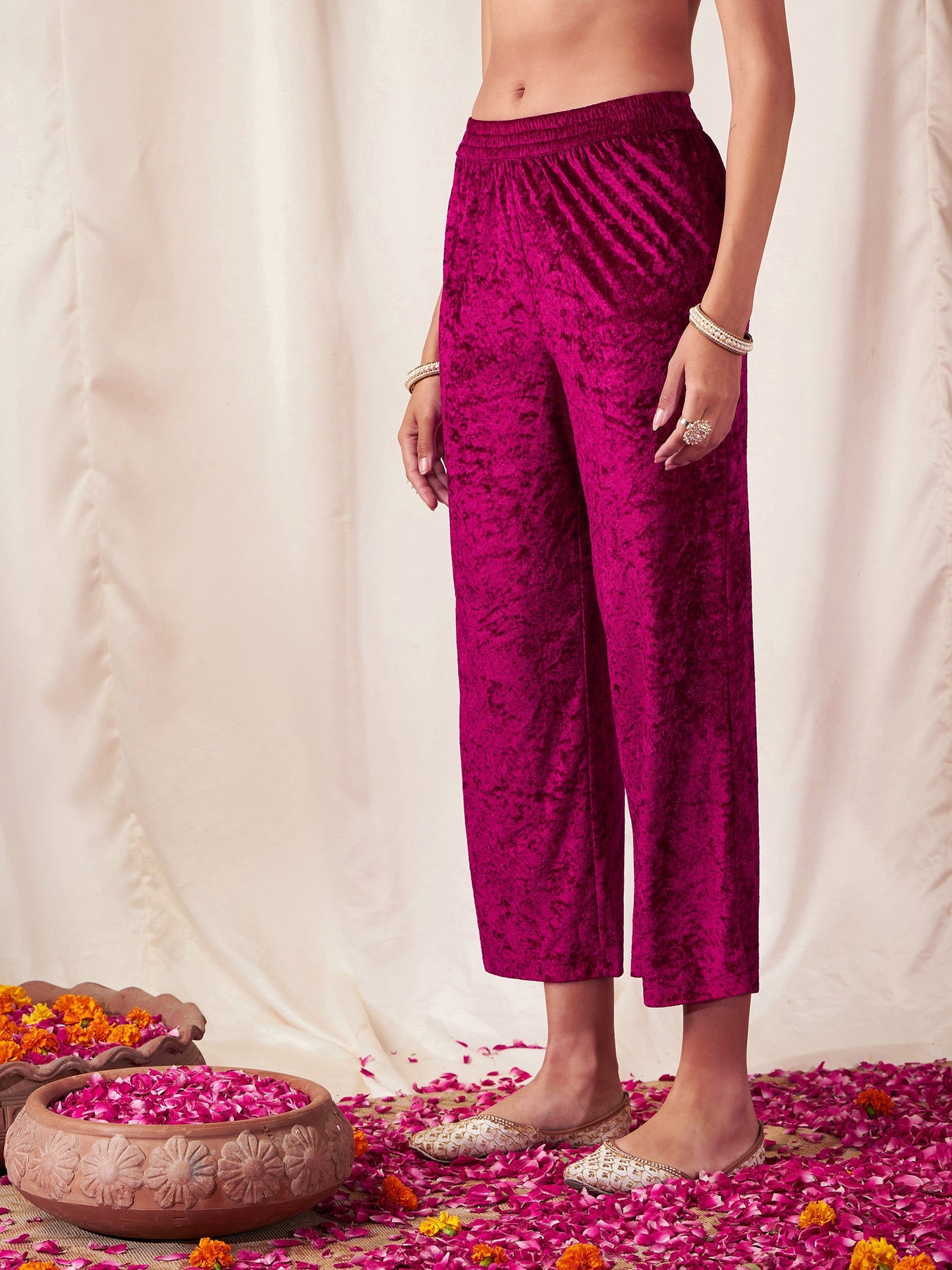 Fuchsia Velvet Straight Pants-Shae by SASSAFRAS
