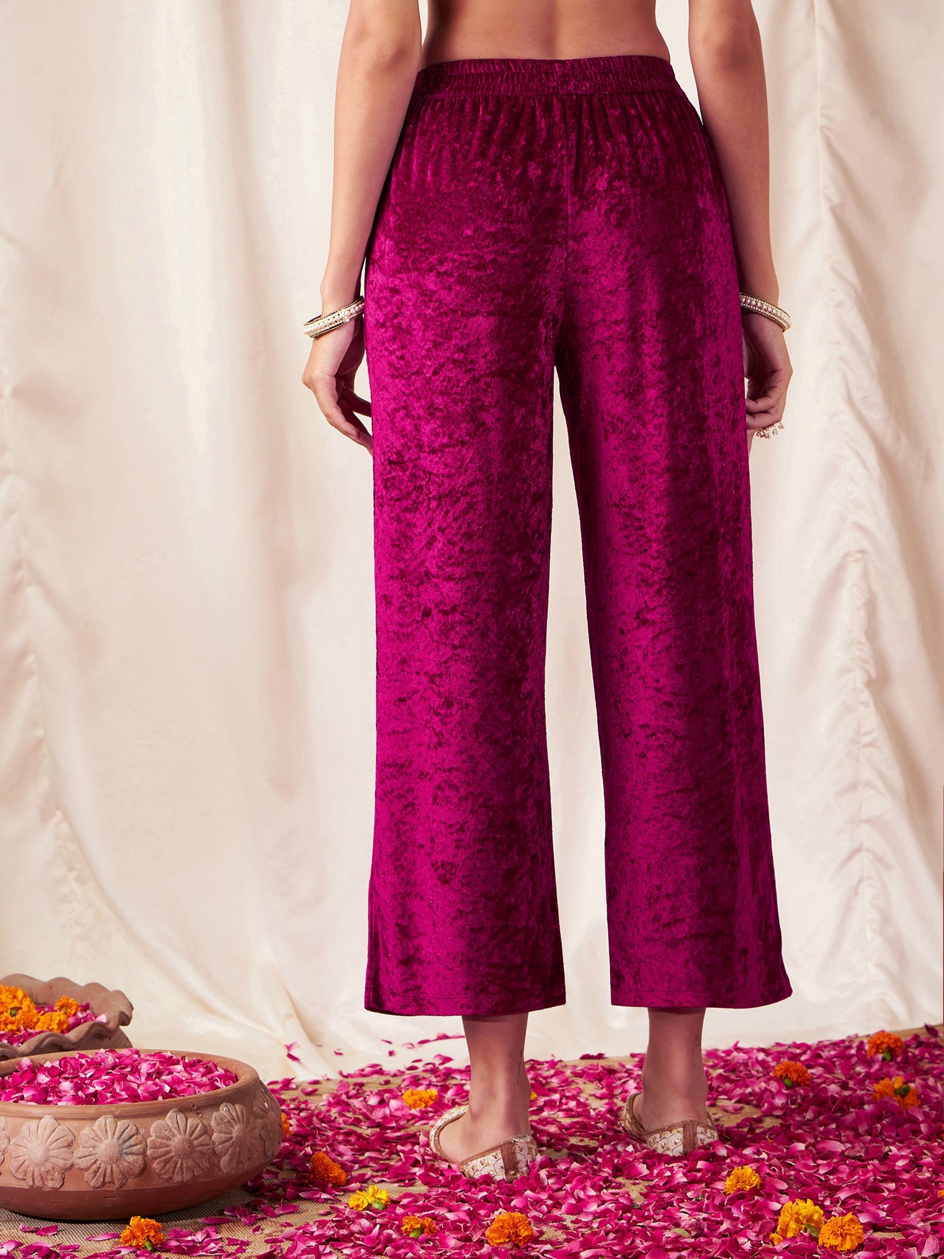 Fuchsia Velvet Straight Pants-Shae by SASSAFRAS