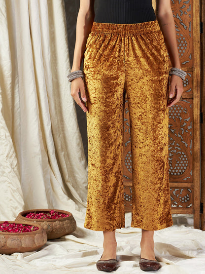 Mustard Velvet Straight Pants-Shae by SASSAFRAS