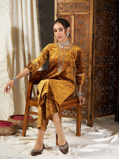 Mustard Velvet Straight Pants-Shae by SASSAFRAS