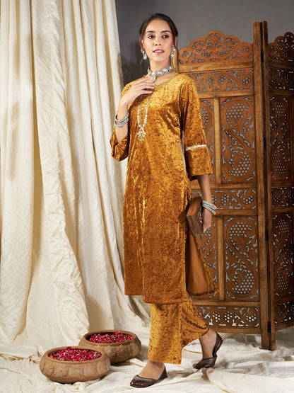 Mustard Velvet Straight Pants-Shae by SASSAFRAS