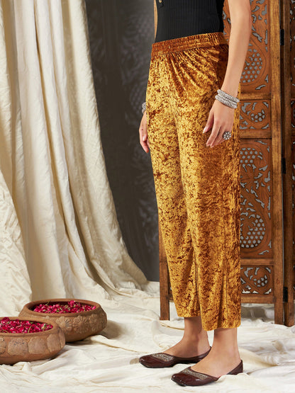 Mustard Velvet Straight Pants-Shae by SASSAFRAS