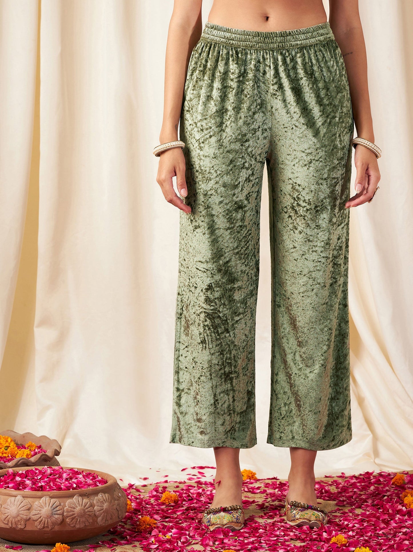 Olive Velvet Straight Pants-Shae by SASSAFRAS