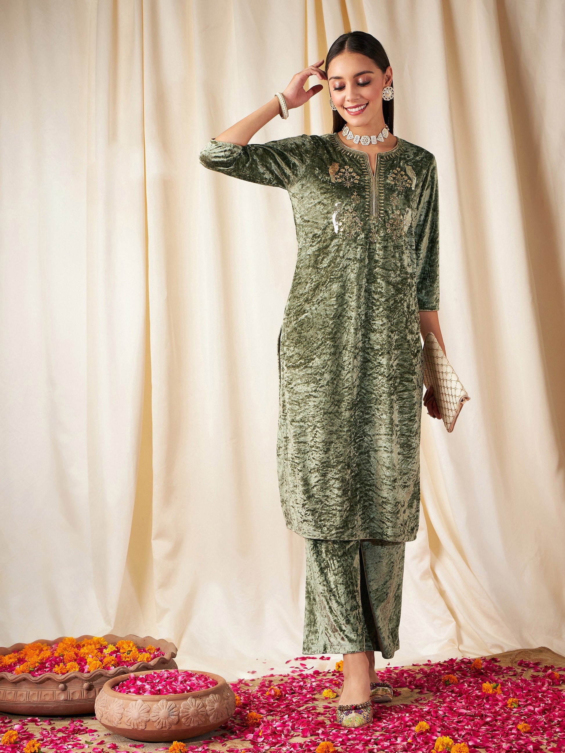 Olive Velvet Straight Pants-Shae by SASSAFRAS