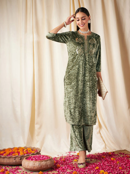 Olive Velvet Straight Pants-Shae by SASSAFRAS