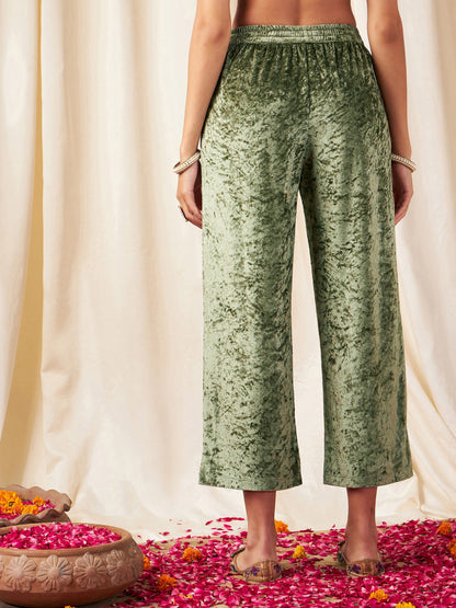 Olive Velvet Straight Pants-Shae by SASSAFRAS
