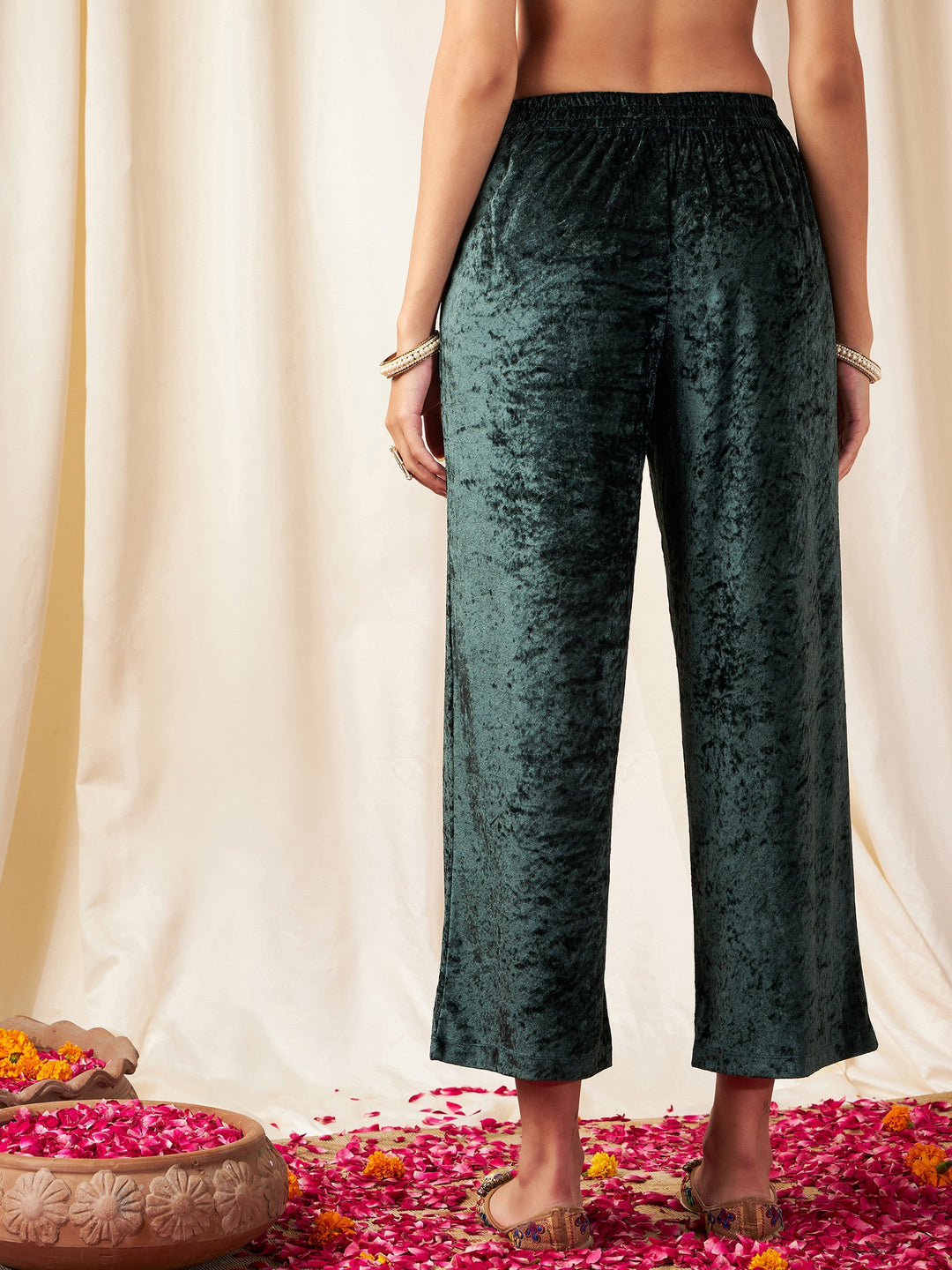 Emerald Green Velvet Straight Pants-Shae by SASSAFRAS