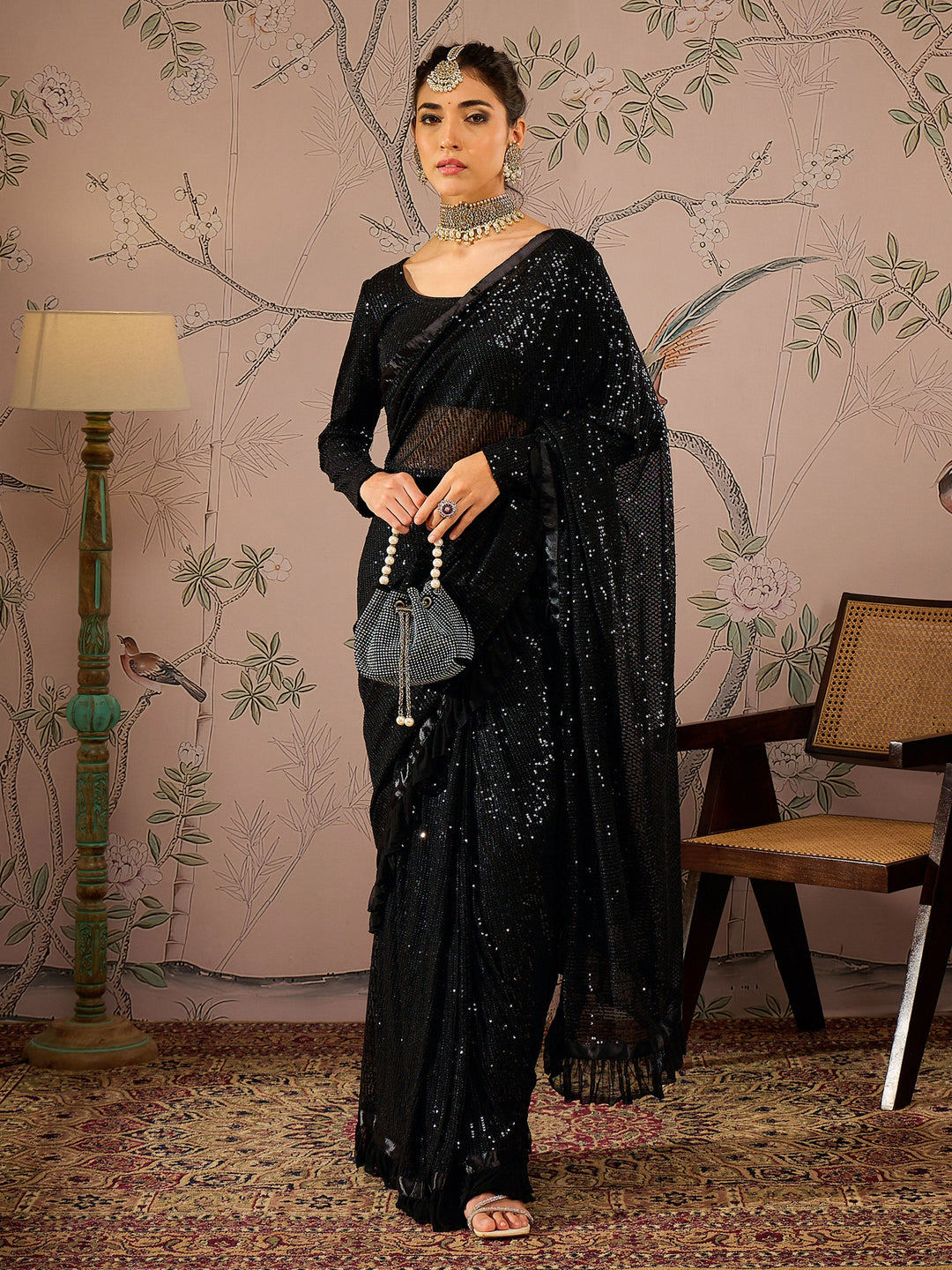 Women's Women Black Sequins RTW Draped Saree With Unstitched Blouse in Sequence by Shae for wholesale, bulk, supplier, manufacturer and wholesaler buyers from Trendphoria