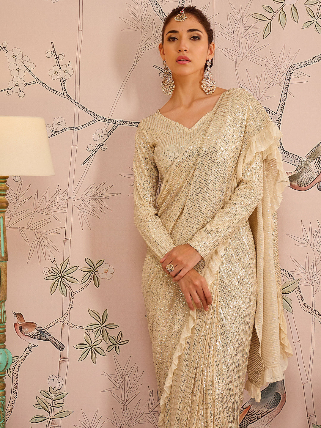 Women's Women Gold Sequins RTW Draped Saree With Unstitched Blouse in Sequence by Shae for wholesale, bulk, supplier, manufacturer and wholesaler buyers from Trendphoria