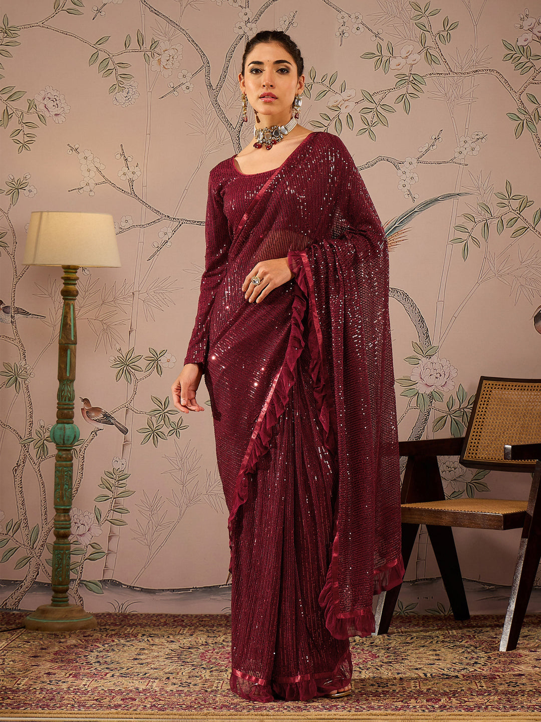Women's Women Maroon Sequins RTW Draped Saree With Unstitched Blouse in Sequence by Shae for wholesale, bulk, supplier, manufacturer and wholesaler buyers from Trendphoria