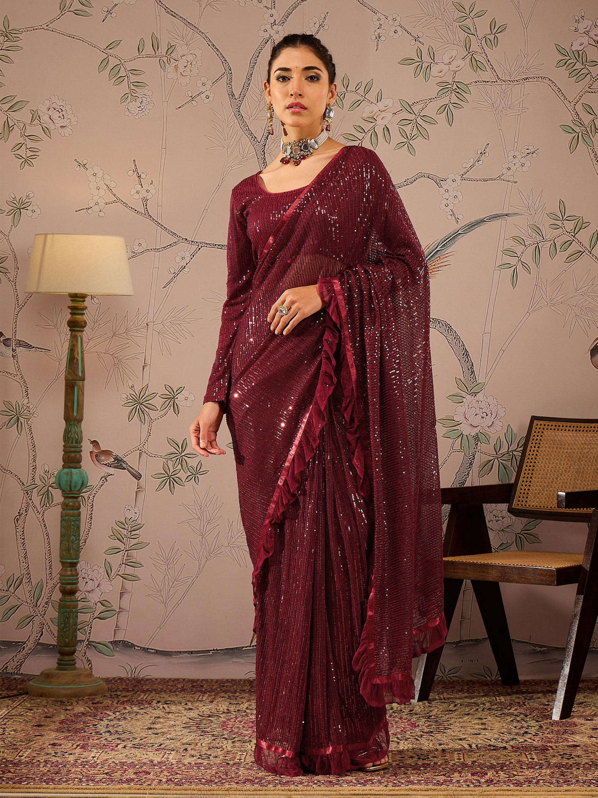 Maroon Sequins RTW Draped Saree With Unstitched Blouse-Shae by SASSAFRAS