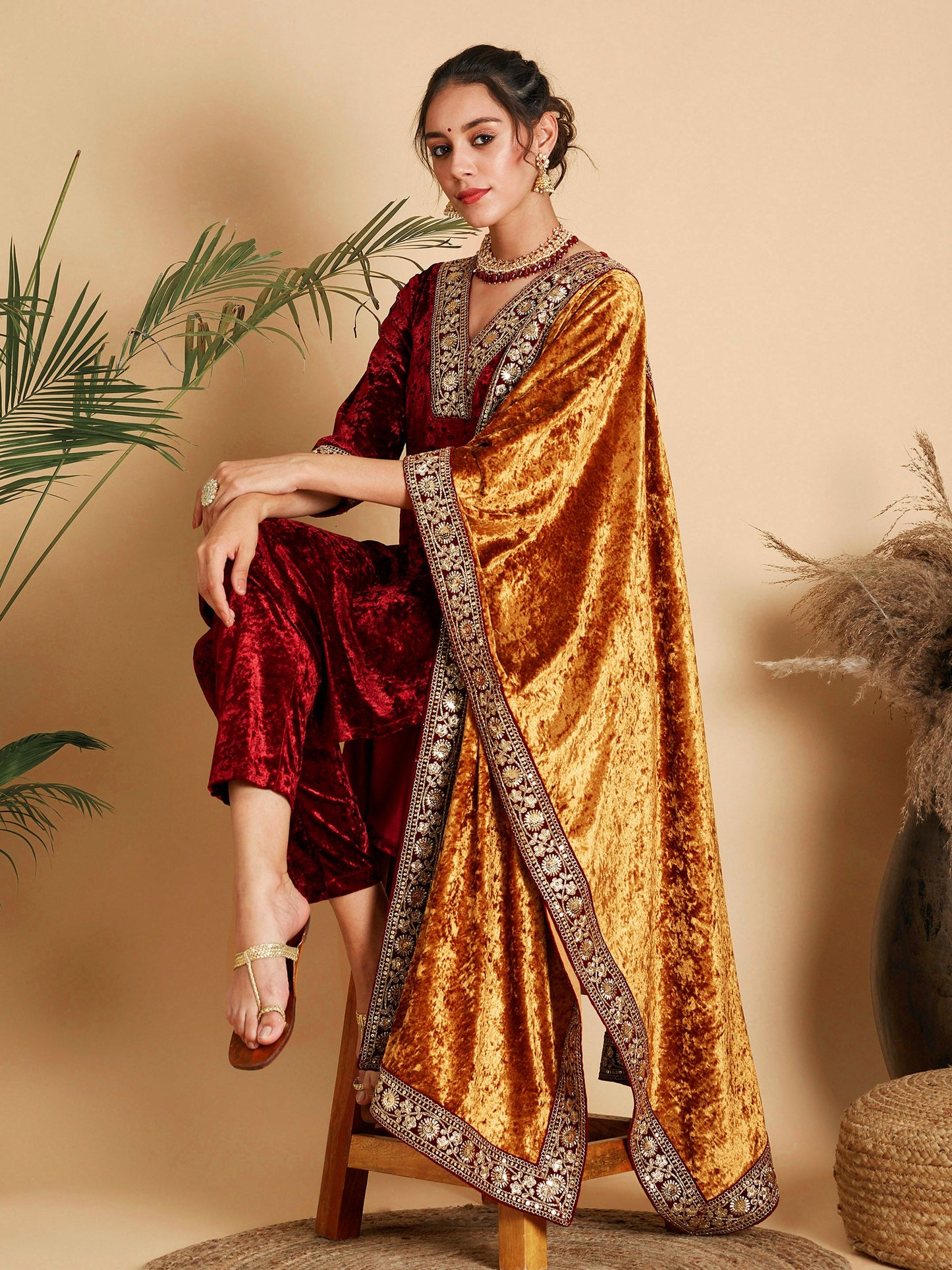 Women Mustard Velvet Lace Detail Dushala