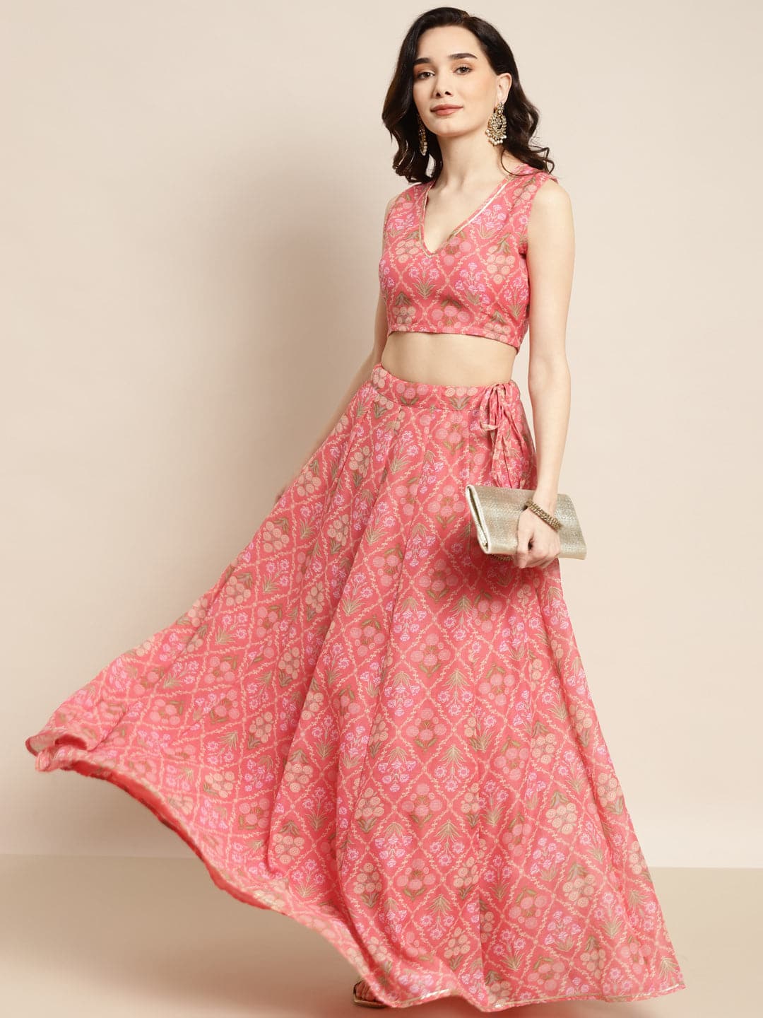 Women's Women Peach Mughal Floral Crop Top With Anarkali Skirt in Cotton by Shae for wholesale, bulk, supplier, manufacturer and wholesaler buyers from Trendphoria