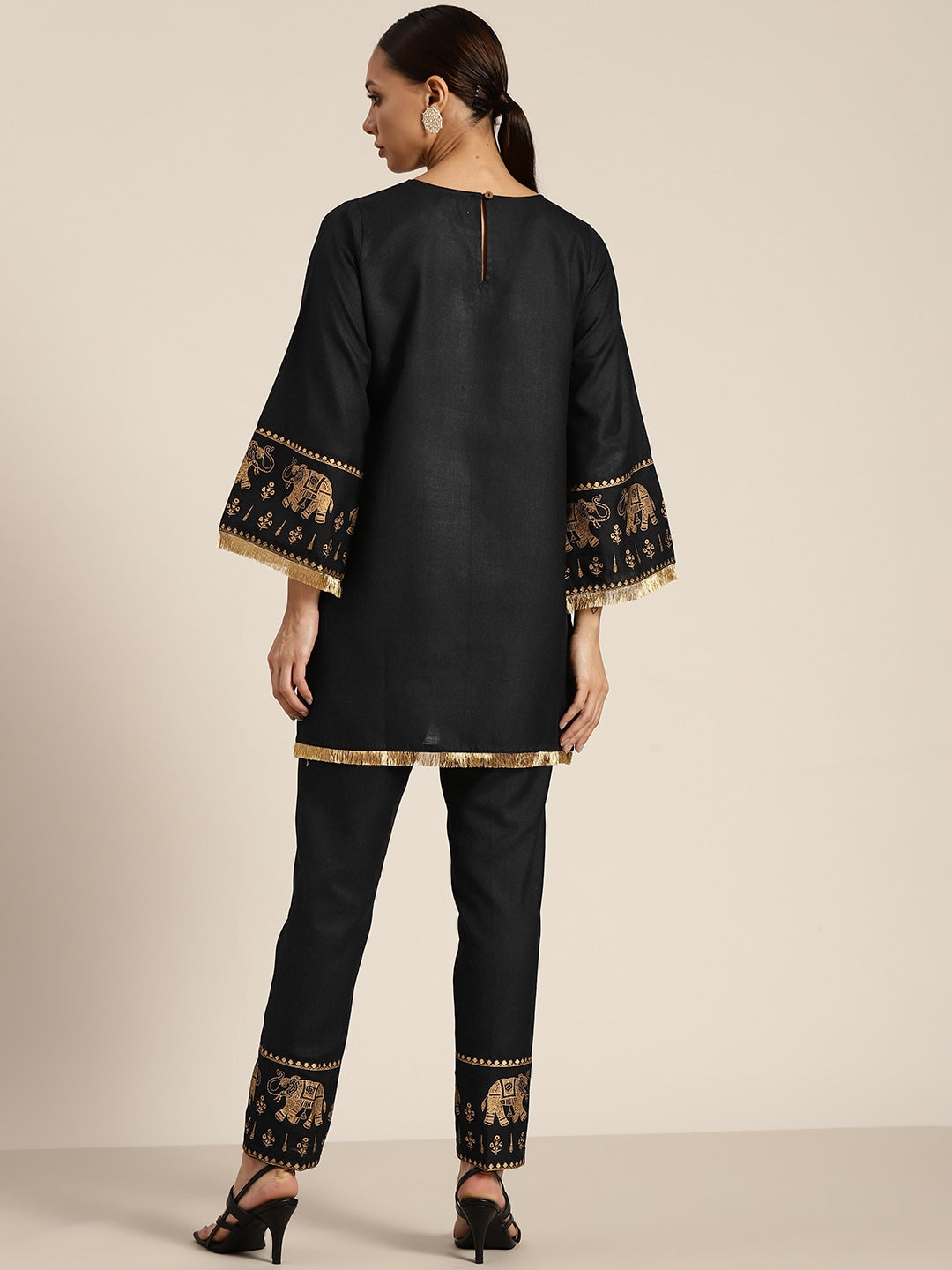 Black Foil Elephant Border Kurta With Pencil Pants
