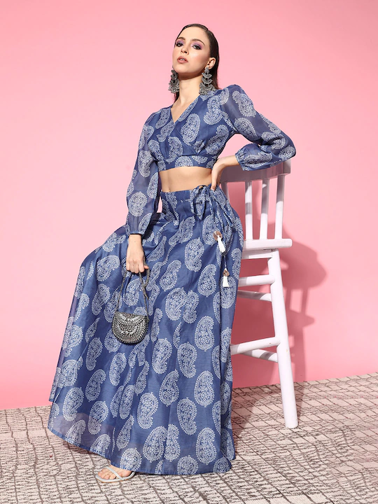 Women's Women Blue Paisley Wrap Crop Top With Anarkali Skirt in Cotton by Shae for wholesale, bulk, supplier, manufacturer and wholesaler buyers from Trendphoria