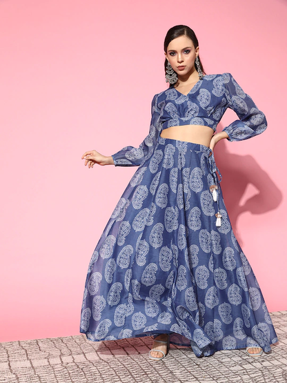 Women Blue Paisley Wrap Crop Top With Anarkali Skirt