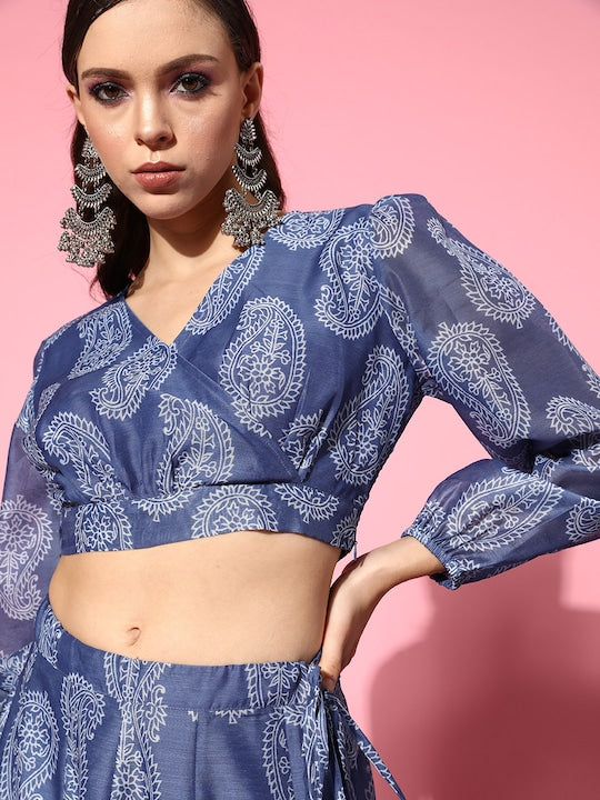 Women Blue Paisley Wrap Crop Top With Anarkali Skirt